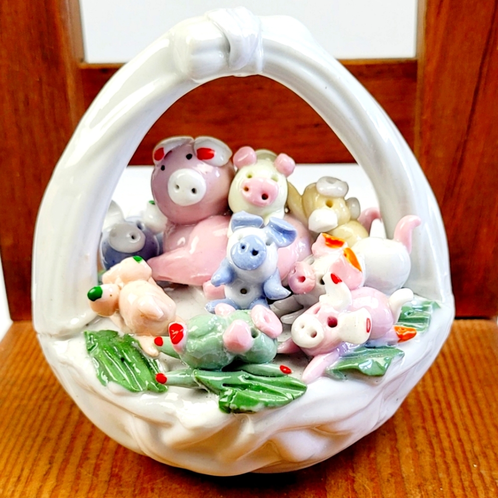 Vintage Handmade Porcelain Basket of Whimsical Piggies